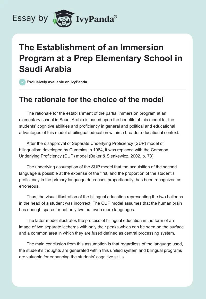 The Establishment of an Immersion Program at a Prep Elementary School in Saudi Arabia. Page 1