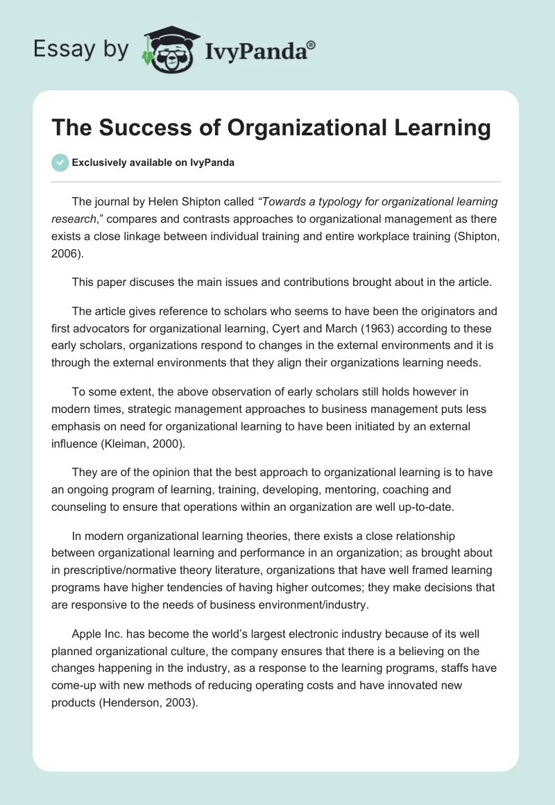 The Success of Organizational Learning. Page 1