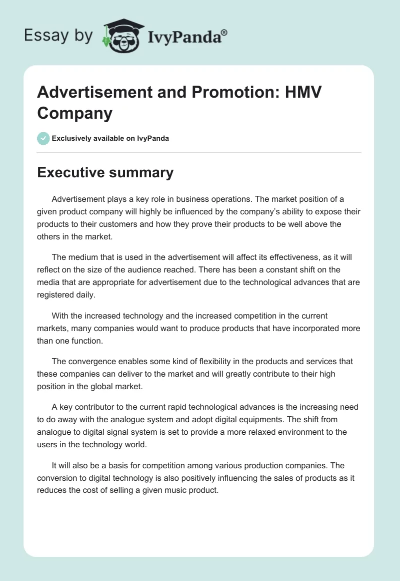 Advertisement and Promotion: HMV Company. Page 1