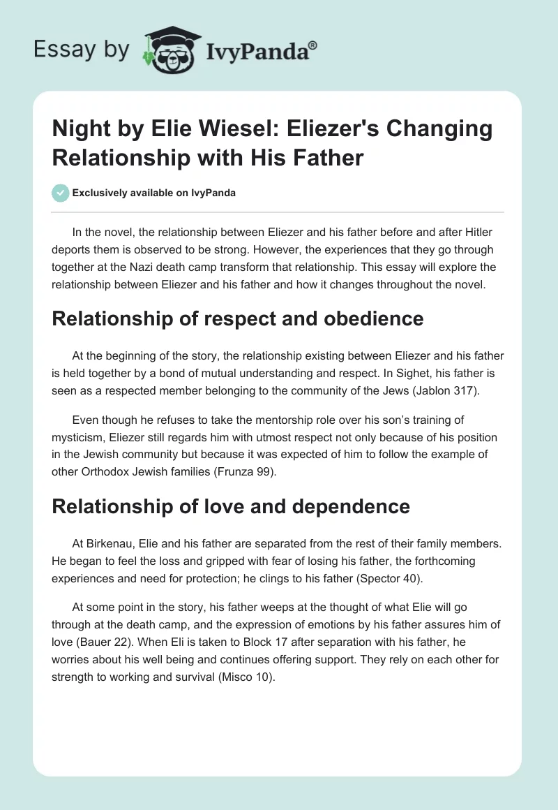 Night by Elie Wiesel: Eliezer's Changing Relationship With His Father. Page 1