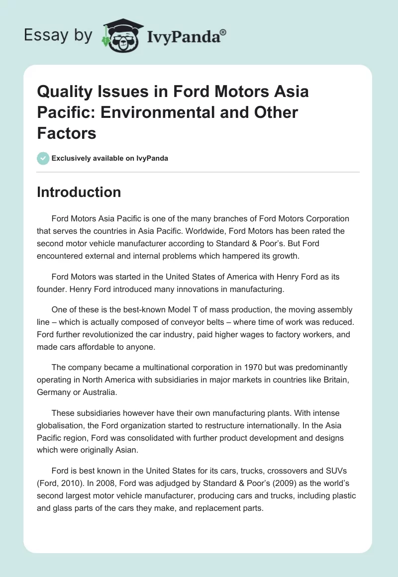 Quality Issues in Ford Motors Asia Pacific: Environmental and Other Factors. Page 1