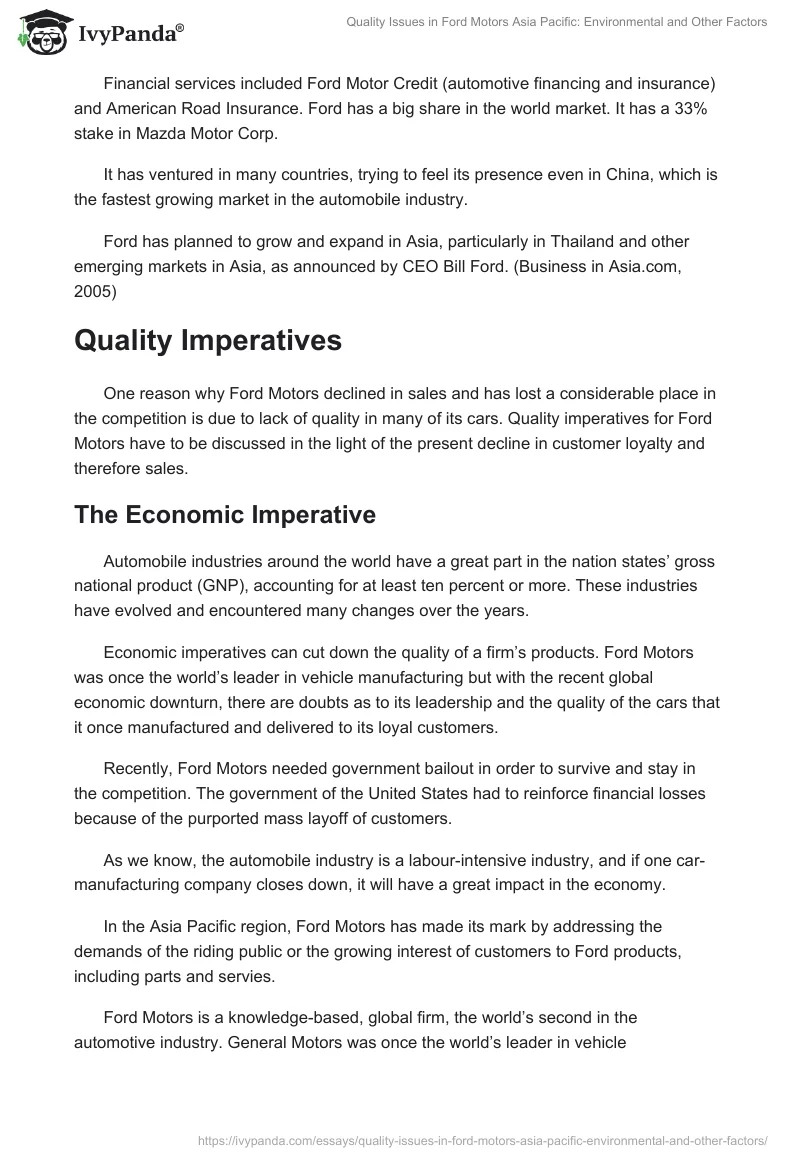 Quality Issues in Ford Motors Asia Pacific: Environmental and Other Factors. Page 2
