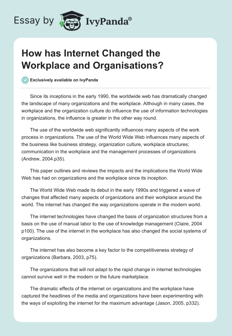 How has Internet Changed the Workplace and Organisations?. Page 1