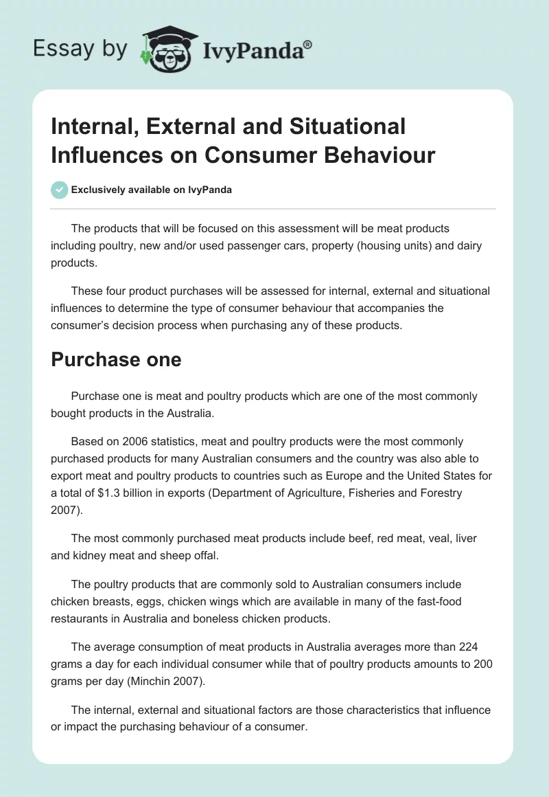 Internal, External and Situational Influences on Consumer Behaviour. Page 1