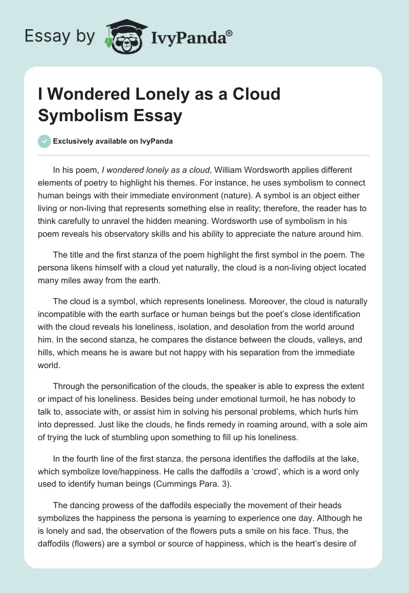 I Wondered Lonely as a Cloud Symbolism Essay. Page 1