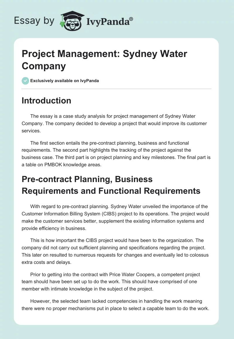 Project Management: Sydney Water Company. Page 1
