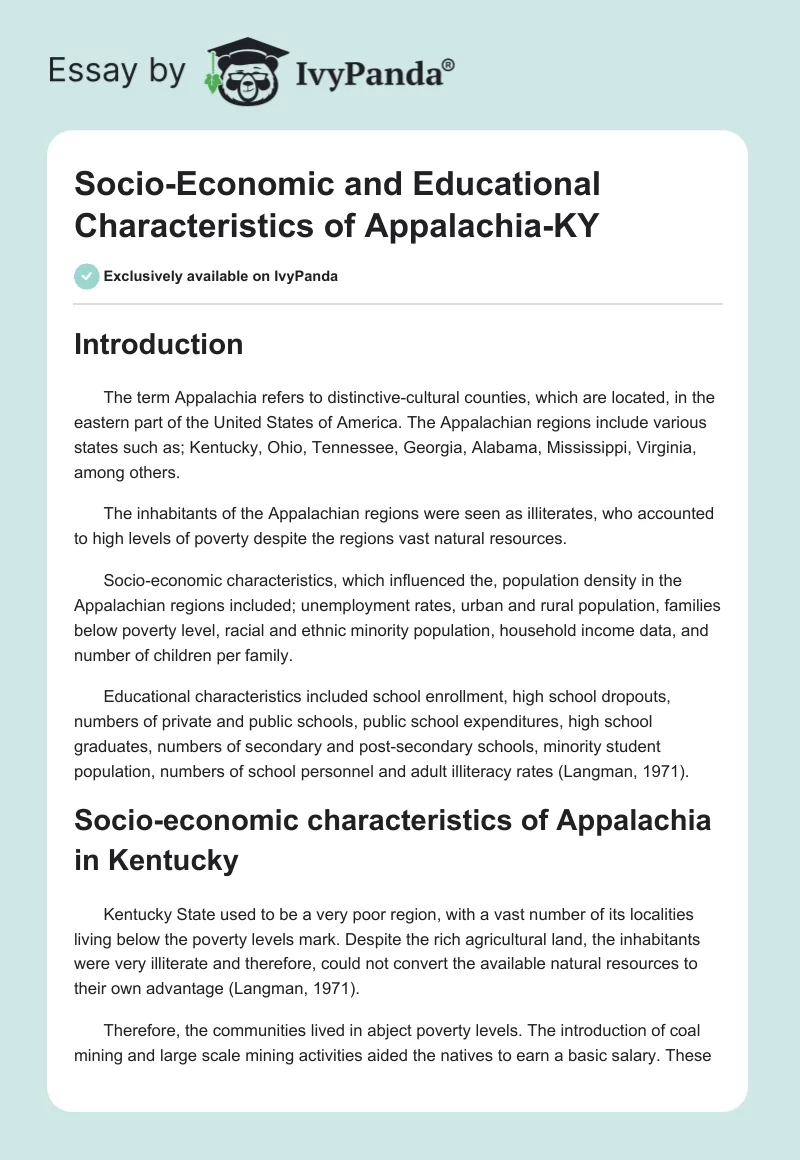 Socio-Economic and Educational Characteristics of Appalachia-KY. Page 1