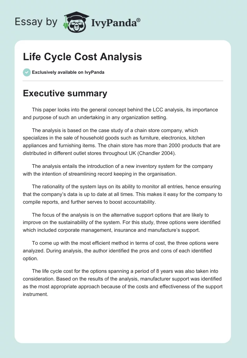 Life Cycle Cost Analysis. Page 1