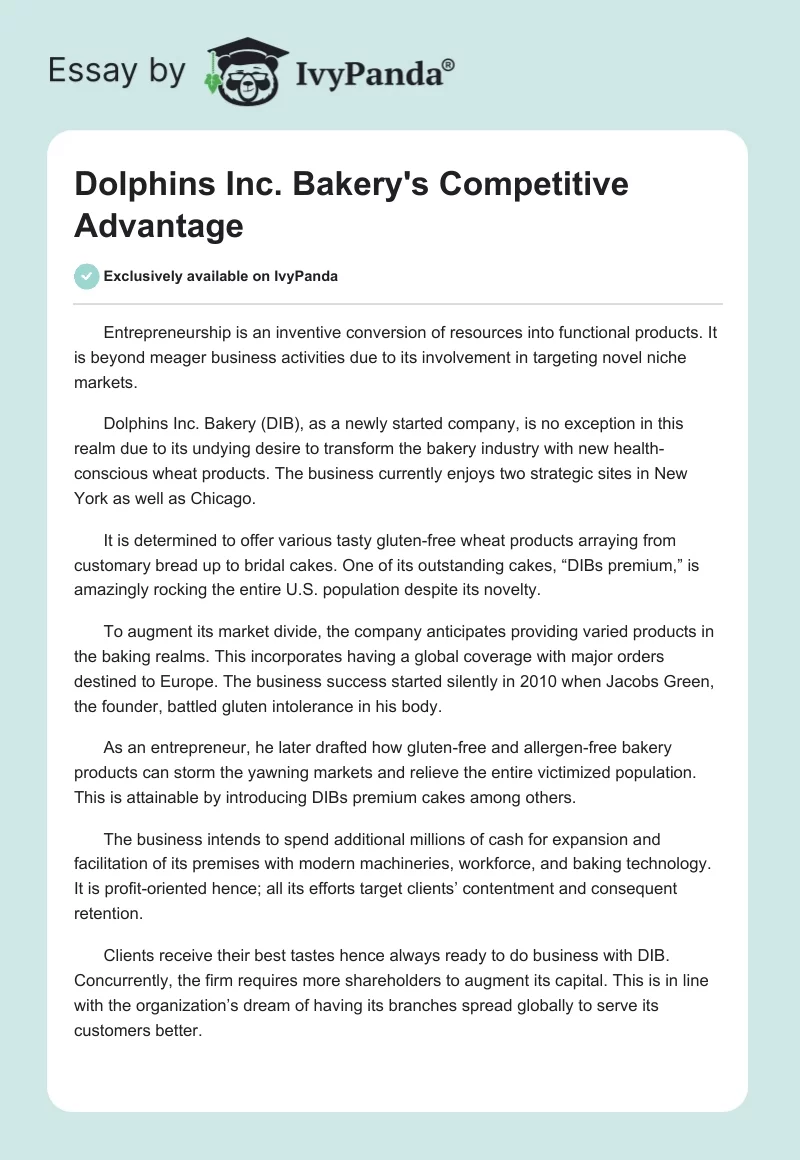 Dolphins Inc. Bakery's Competitive Advantage. Page 1