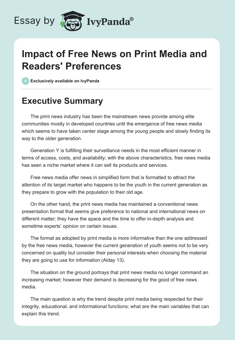 Impact of Free News on Print Media and Readers' Preferences. Page 1
