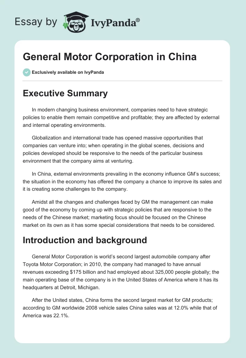 General Motor Corporation in China. Page 1