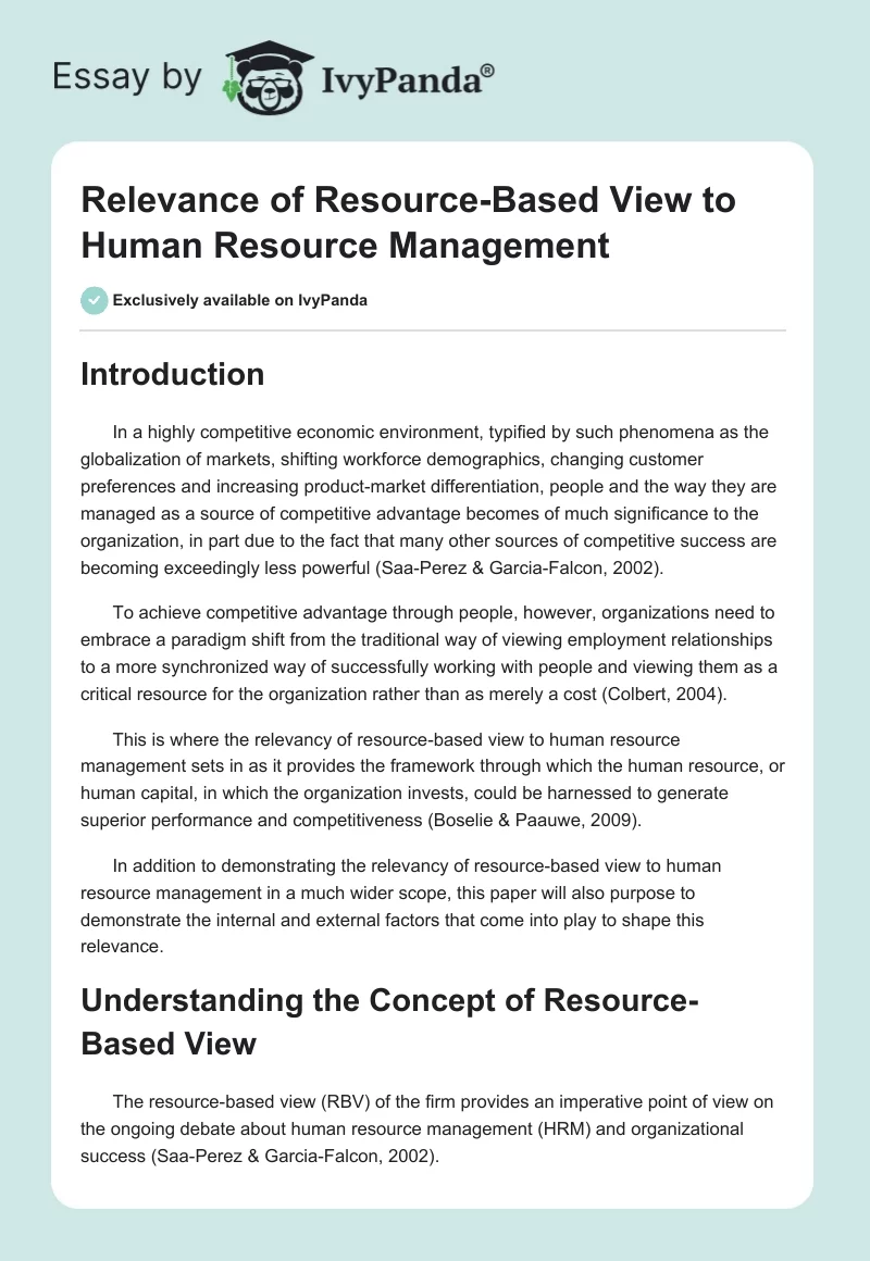 Relevance of Resource-Based View to Human Resource Management. Page 1