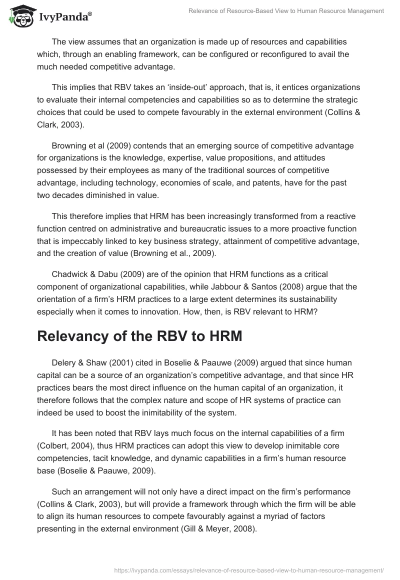 Relevance of Resource-Based View to Human Resource Management. Page 3