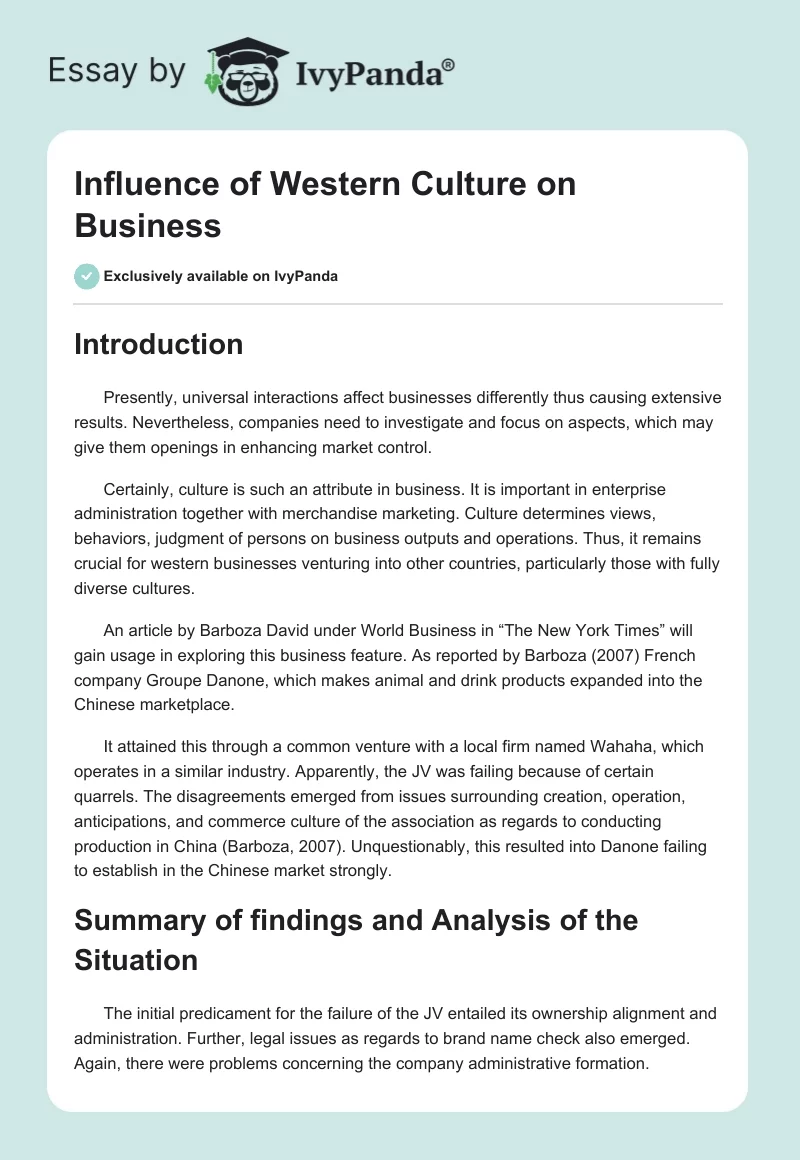 Influence of Western Culture on Business. Page 1