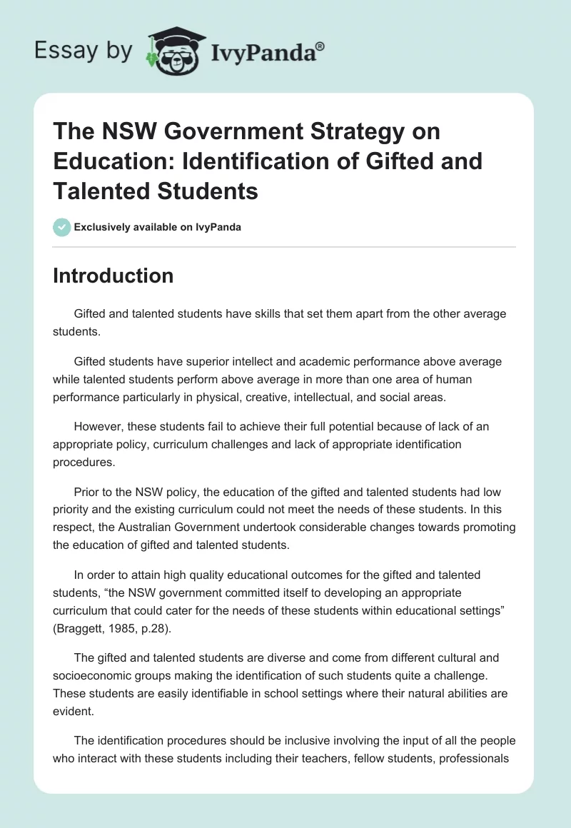 The NSW Government Strategy on Education: Identification of Gifted and Talented Students. Page 1