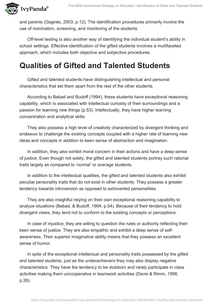 The NSW Government Strategy on Education: Identification of Gifted and Talented Students. Page 2