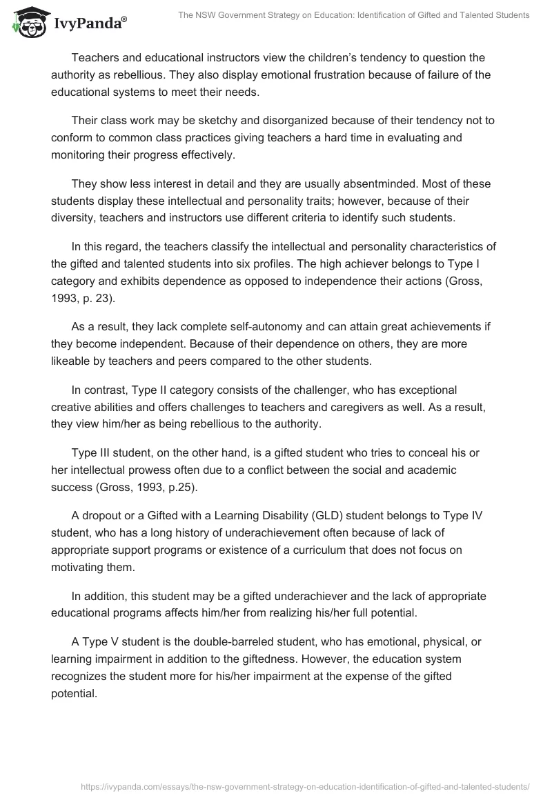 The NSW Government Strategy on Education: Identification of Gifted and Talented Students. Page 3