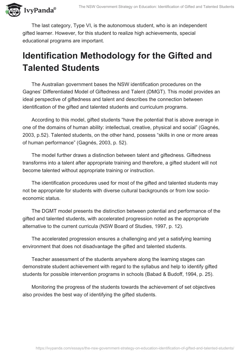 The NSW Government Strategy on Education: Identification of Gifted and Talented Students. Page 4