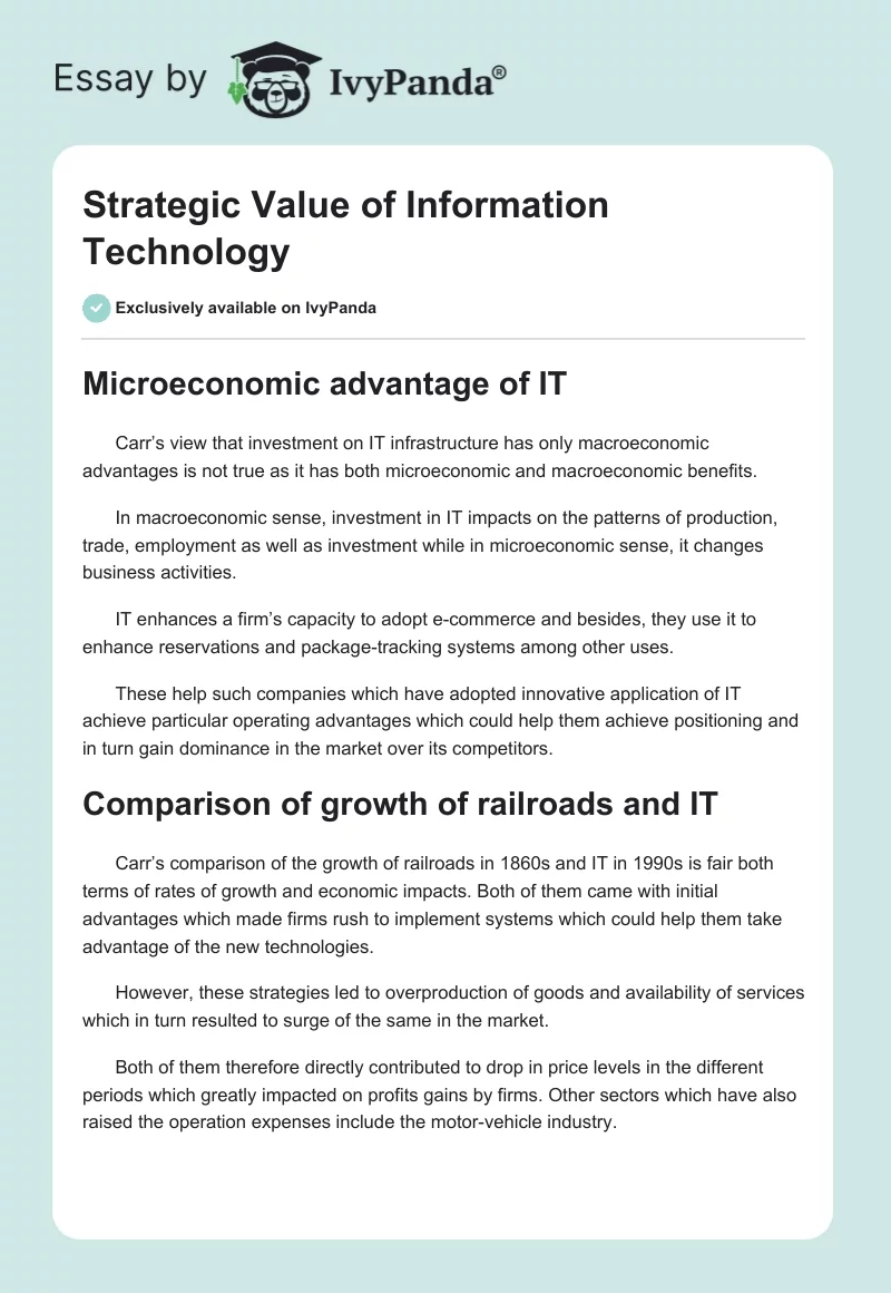 Strategic Value of Information Technology. Page 1