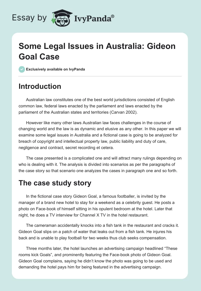 Some Legal Issues in Australia: Gideon Goal Case. Page 1