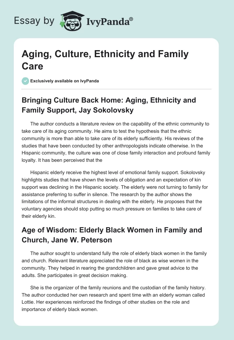 Aging, Culture, Ethnicity and Family Care. Page 1