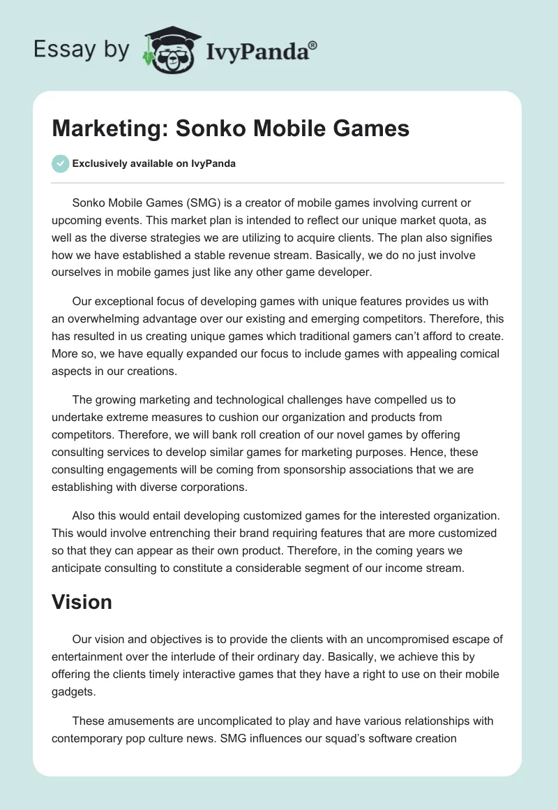 Marketing: Sonko Mobile Games. Page 1