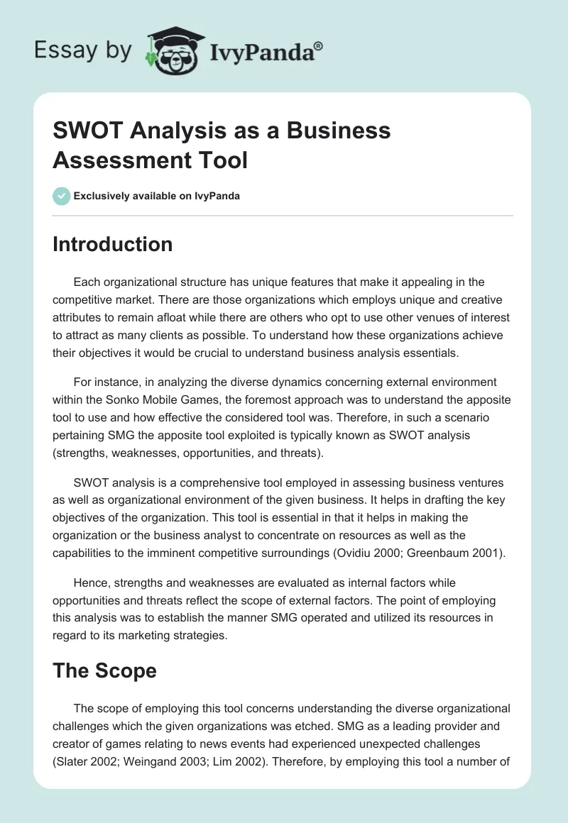 SWOT Analysis as a Business Assessment Tool. Page 1
