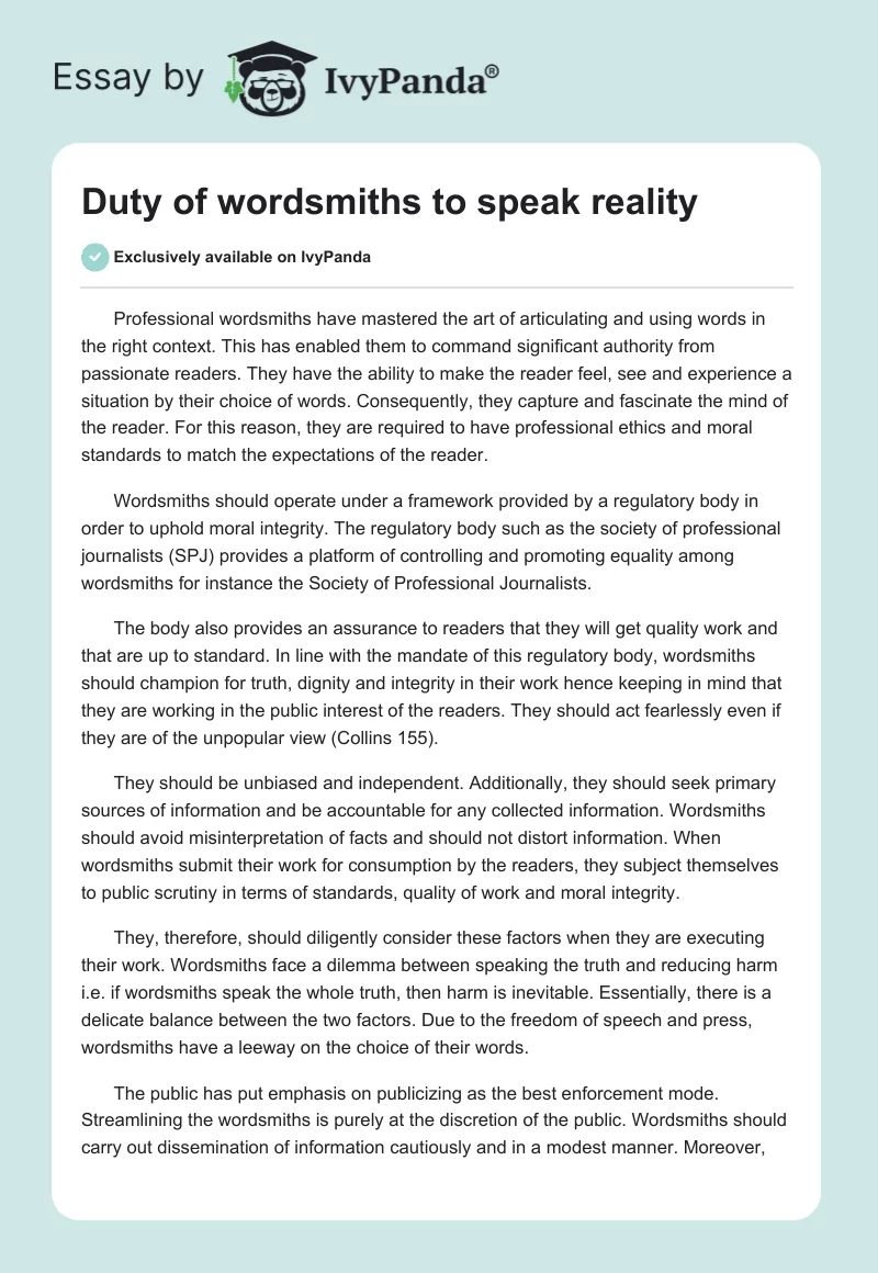Duty of wordsmiths to speak reality. Page 1