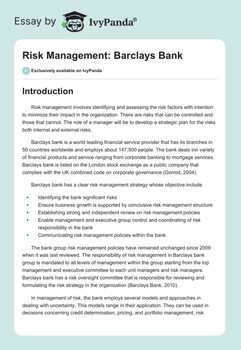 Risk Management: Barclays Bank. Page 1