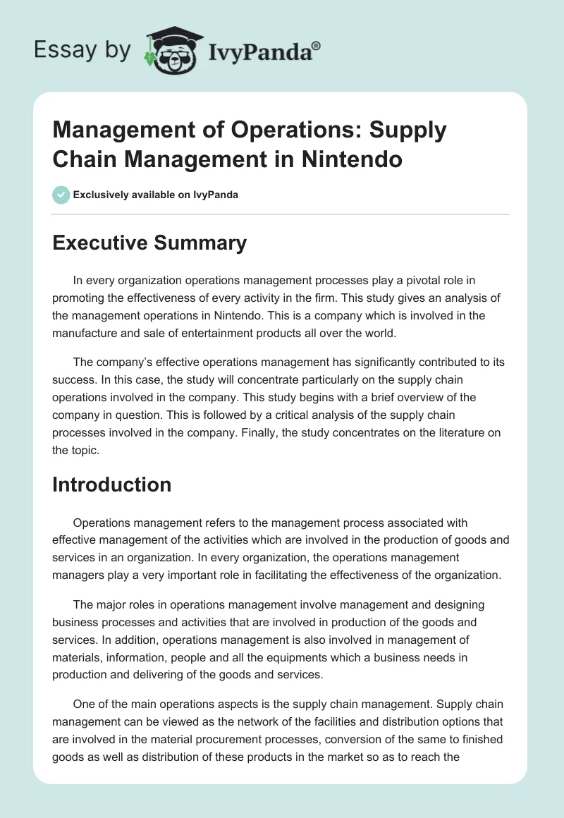 Management of Operations: Supply Chain Management in Nintendo. Page 1