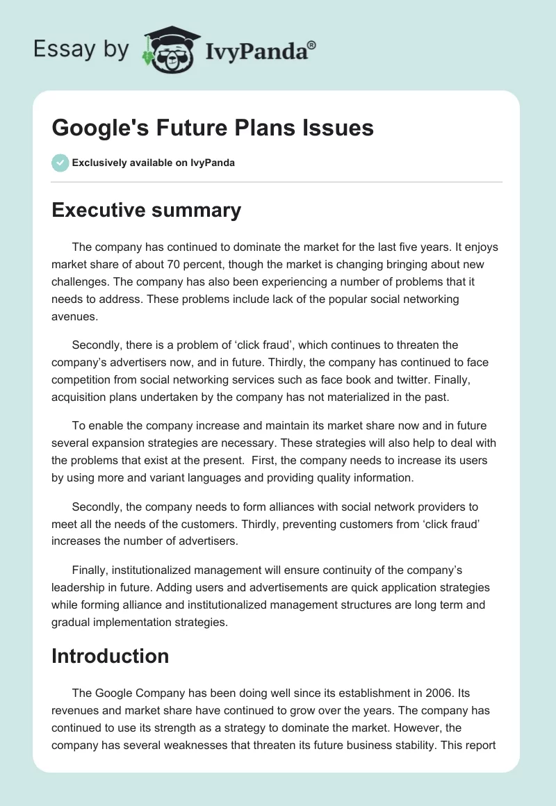 Google's Future Plans Issues. Page 1