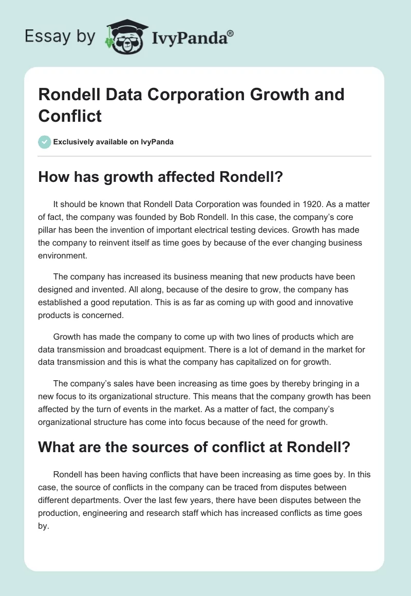 Rondell Data Corporation Growth and Conflict. Page 1