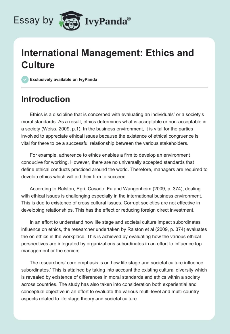 International Management: Ethics and Culture. Page 1