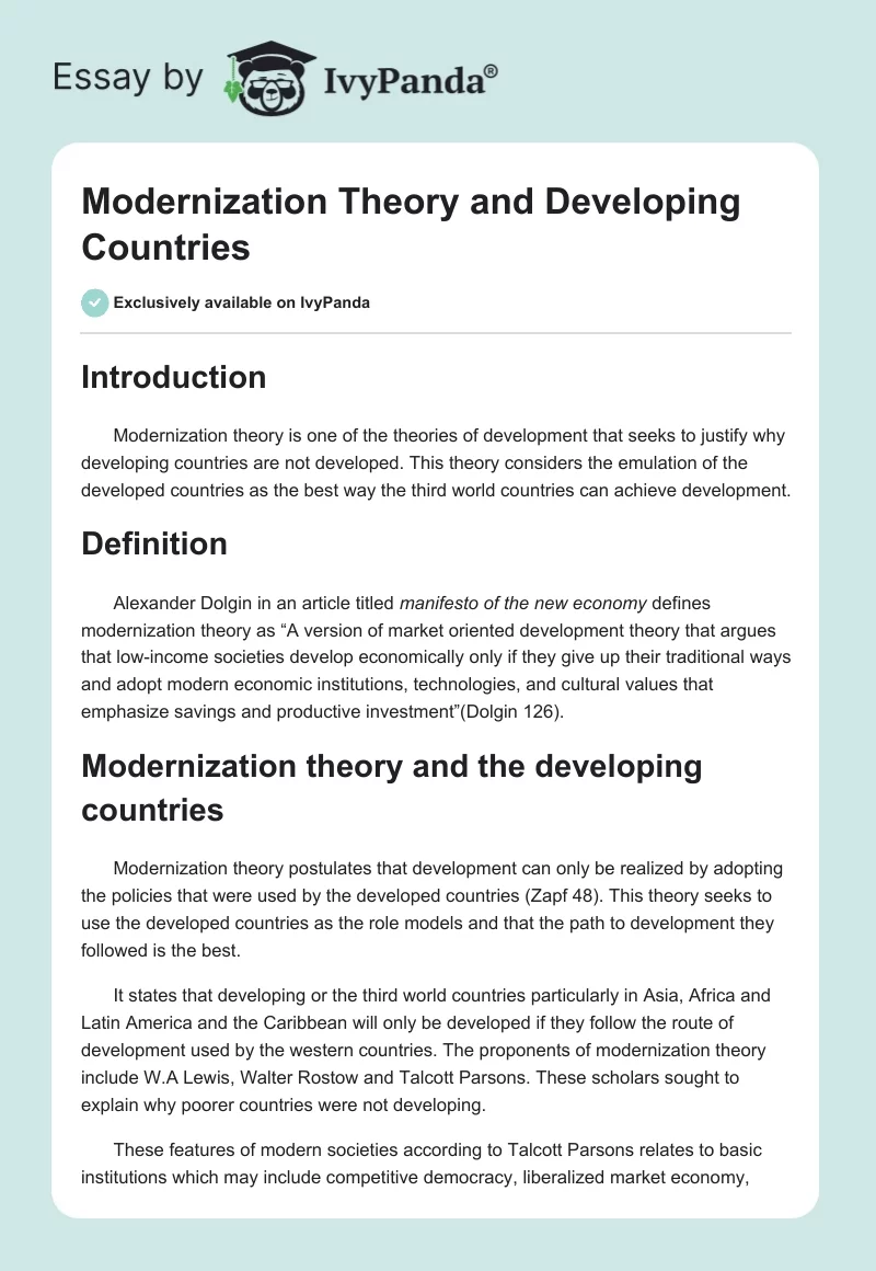 Modernization Theory and Developing Countries. Page 1
