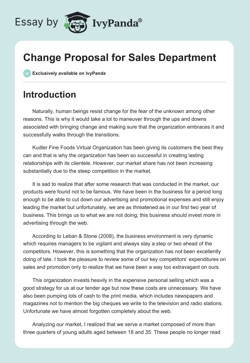 Change Proposal for Sales Department. Page 1