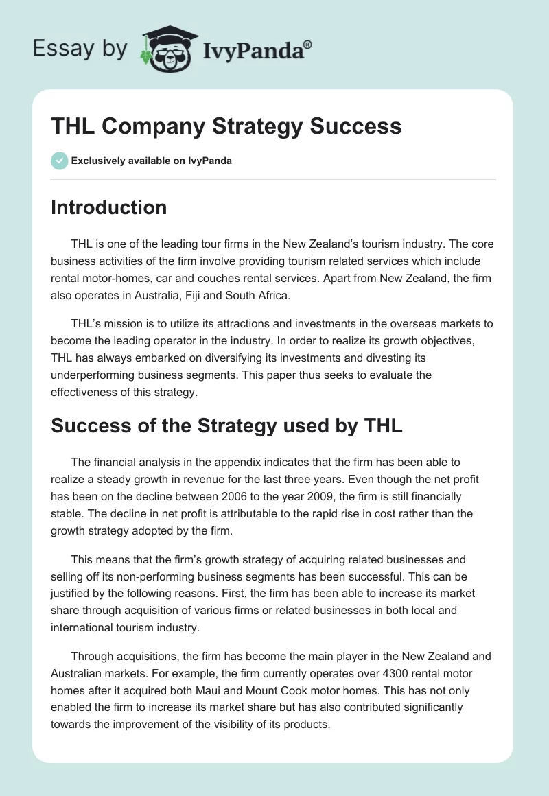 THL Company Strategy Success. Page 1