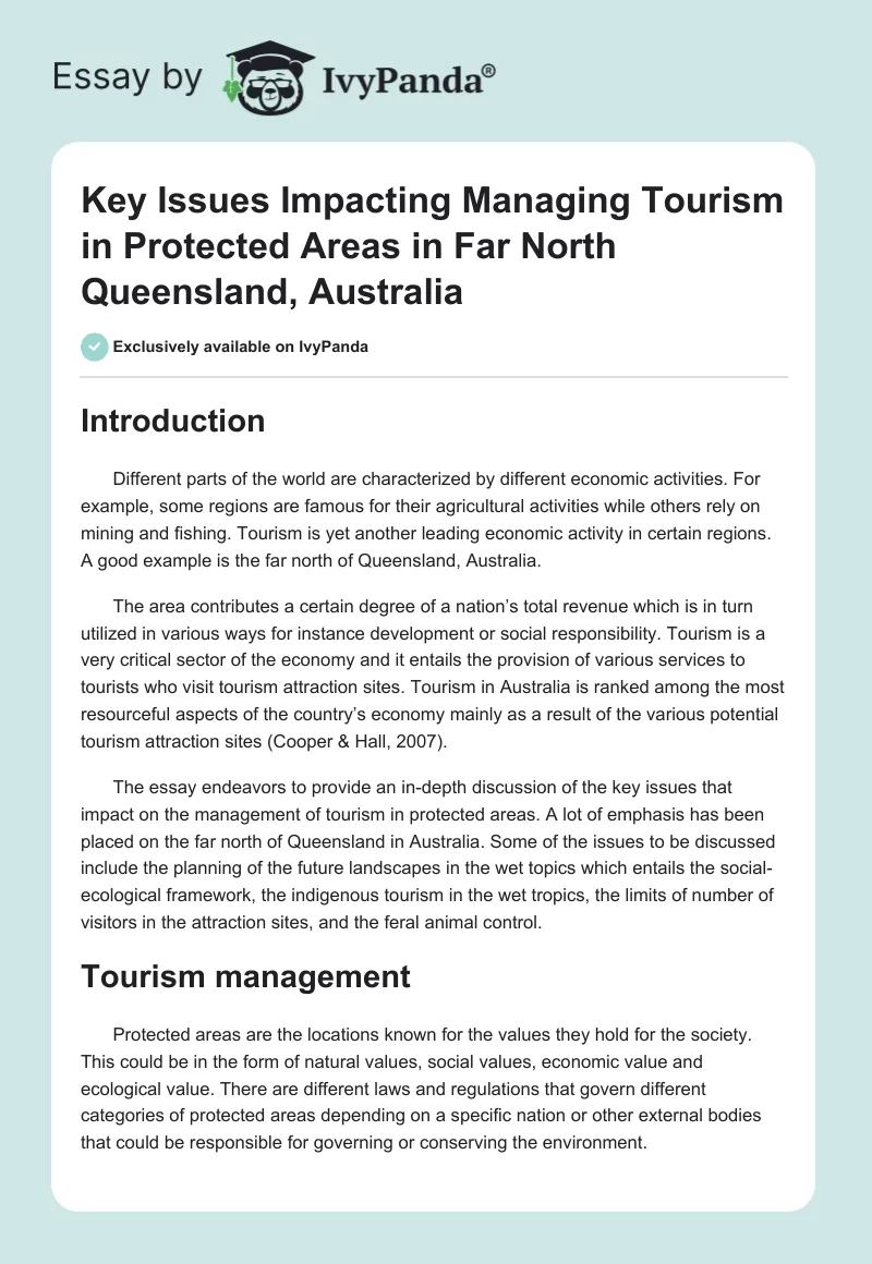 Key Issues Impacting Managing Tourism in Protected Areas in Far North Queensland, Australia. Page 1