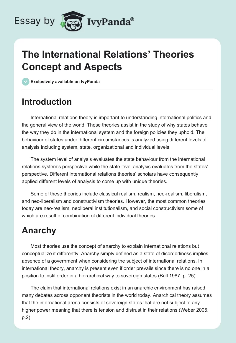 The International Relations’ Theories Concept and Aspects. Page 1