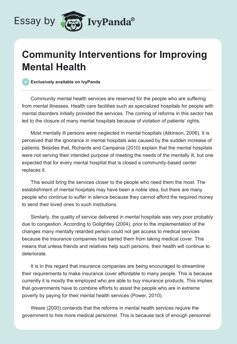 Community Interventions for Improving Mental Health. Page 1