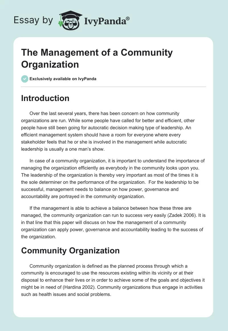 The Management of a Community Organization. Page 1