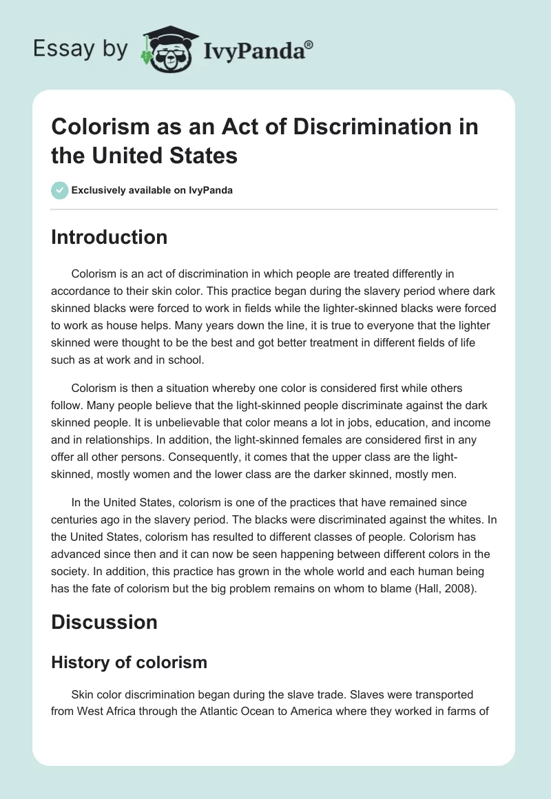 Colorism as an Act of Discrimination in the United States. Page 1