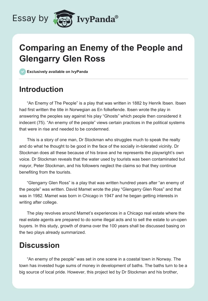 Comparing an Enemy of the People and Glengarry Glen Ross. Page 1