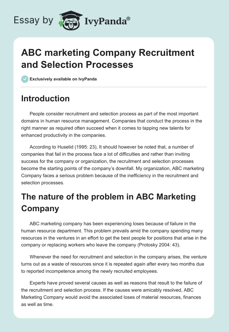 ABC marketing Company Recruitment and Selection Processes. Page 1
