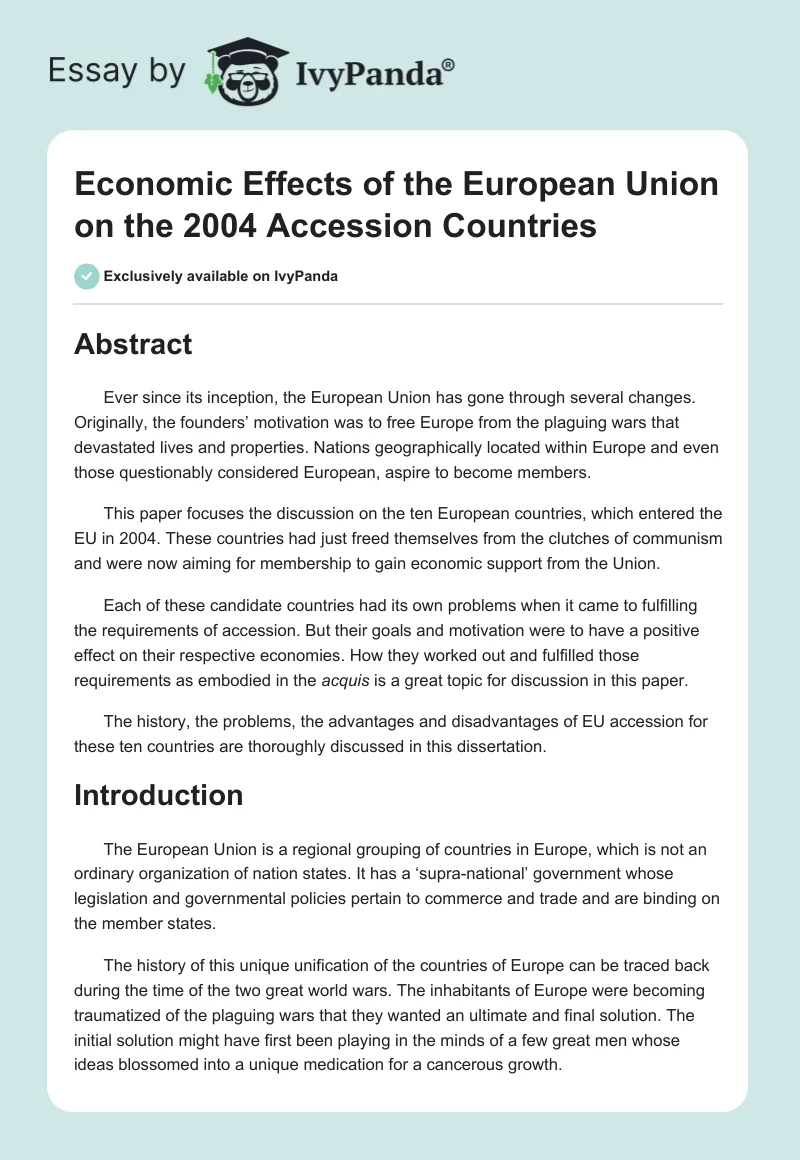 Economic Effects of the European Union on the 2004 Accession Countries. Page 1