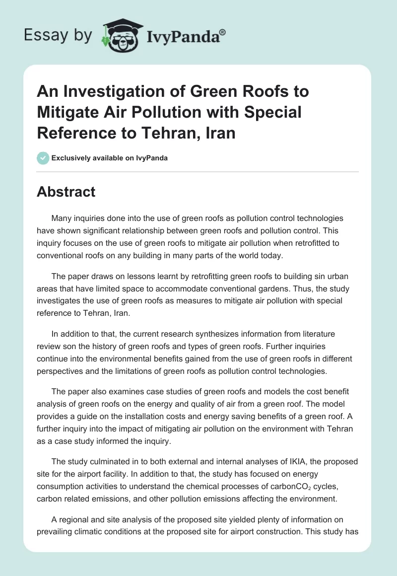 An Investigation of Green Roofs to Mitigate Air Pollution With Special Reference to Tehran, Iran. Page 1
