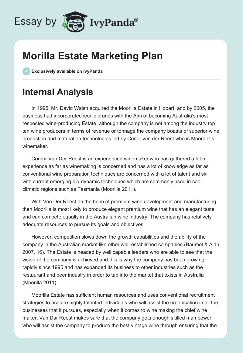 Morilla Estate Marketing Plan. Page 1