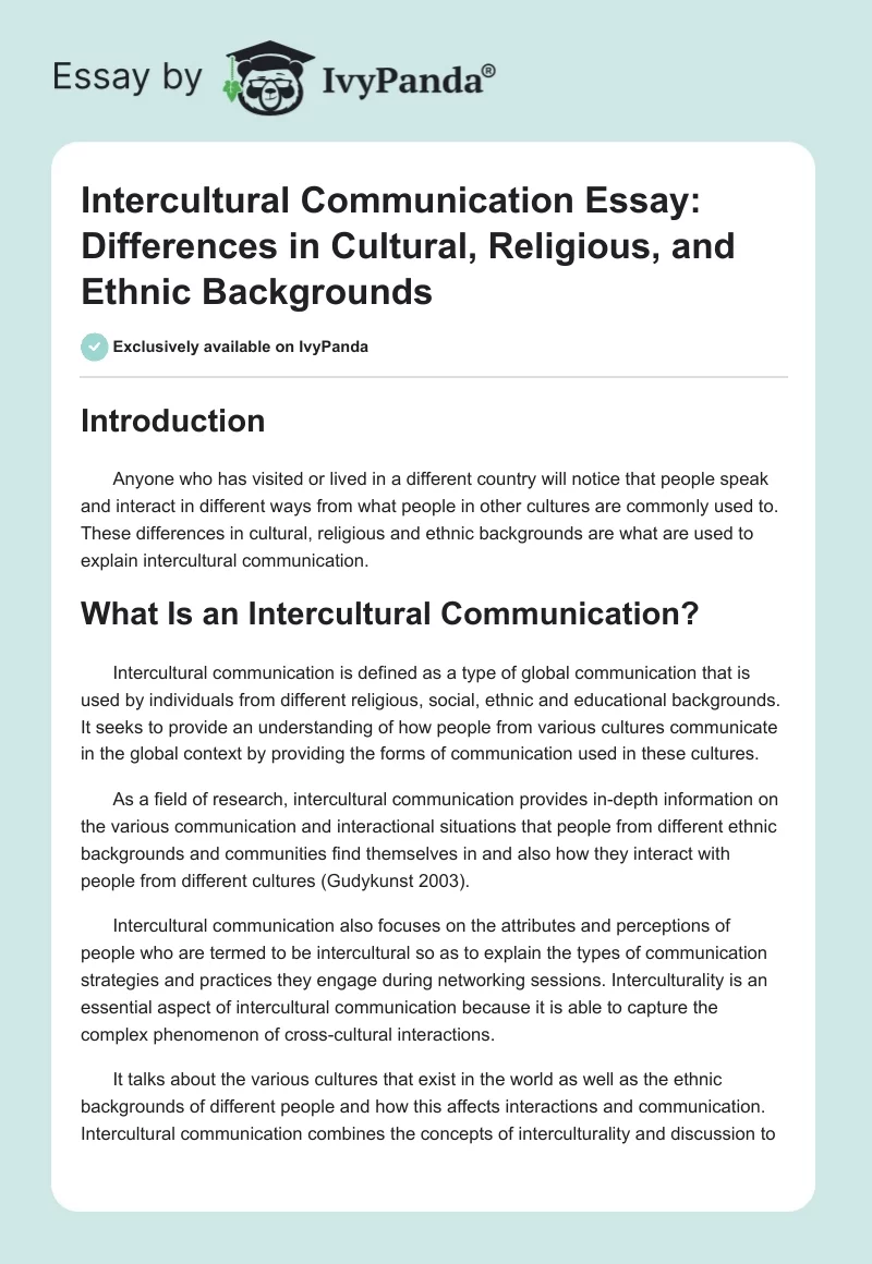 Intercultural Communication Essay: Differences in Cultural, Religious, and Ethnic Backgrounds. Page 1