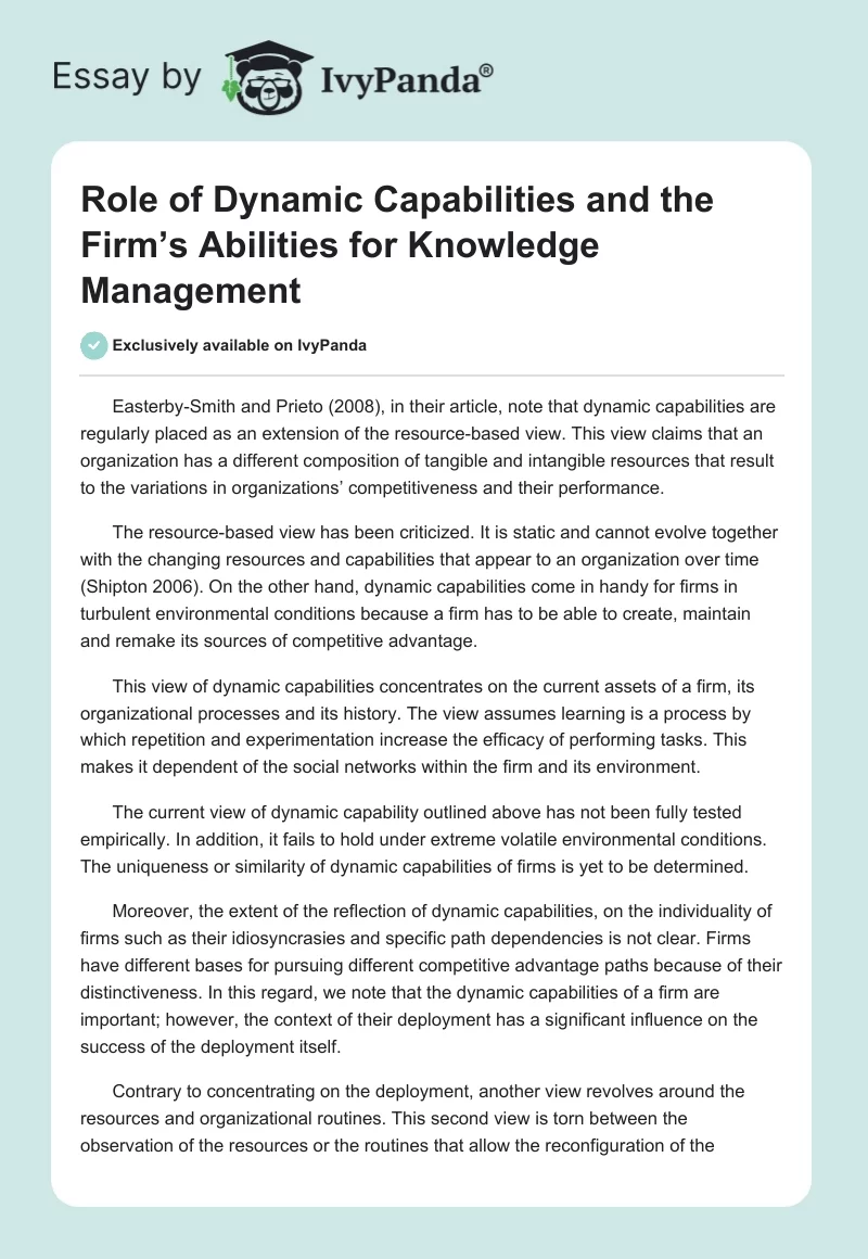 Role of Dynamic Capabilities and the Firm’s Abilities for Knowledge Management. Page 1