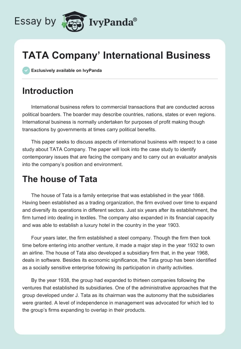 TATA Company’ International Business. Page 1