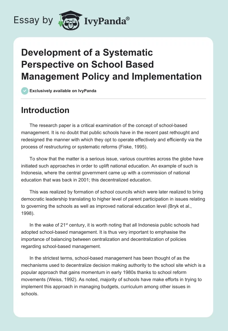 Development of a Systematic Perspective on School Based Management Policy and Implementation. Page 1
